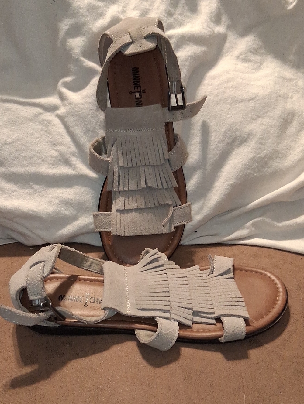 Minnetonka Beige Fringe Suede Sandals